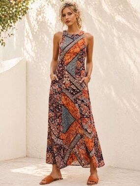 Organic Cotton Bohemian Patchwork Print Long Maxi Dress w/ Pockets 4 Seasons XL
